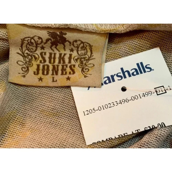 Suki Jones Jrs L Fawn Abstract Peacock Print Low V-Neck Button 3/4 Sleeve Top - Picture 6 of 6